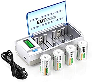 EBL D Cells 10000mAh Rechargeable Batteries (4 Counts) with C D 9V AA AAA Battery Charger