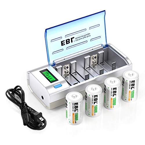 EBL D Cells 10000mAh Rechargeable Batteries (4 Counts) with C D 9V AA AAA Battery Charger