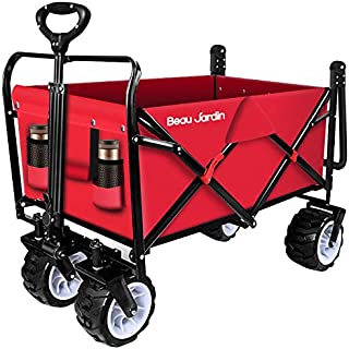 BEAU JARDIN Folding Push Pull Wagon Collapsible Cart 300 Pound Capacity Utility Camping Grocery Canvas Sturdy Portable Buggies Outdoor Garden Sport Heavy Duty Shopping Beach Wide All Terrain Wheel Red