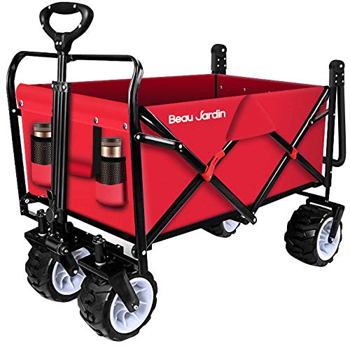 BEAU JARDIN Folding Push Pull Wagon Collapsible Cart 300 Pound Capacity Utility Camping Grocery Canvas Sturdy Portable Buggies Outdoor Garden Sport Heavy Duty Shopping Beach Wide All Terrain Wheel Red