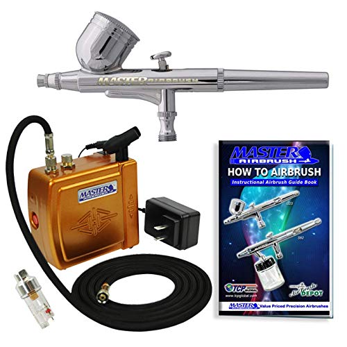 Master Airbrush Multi-Purpose Gold Airbrushing System Kit with Portable Mini Air Compressor - Gravity Feed Dual-Action Airbrush, Hose, How-To-Airbrush Guide Booklet - Hobby, Cake Decorating, Tattoo