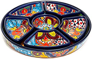 Enchanted Talavera Mexican Pottery Ceramic Large Appetizer Tray Serving Dishes Platter Dish Food Plate Condiments Organizer (Circle 7 Piece Set, Cobalt)