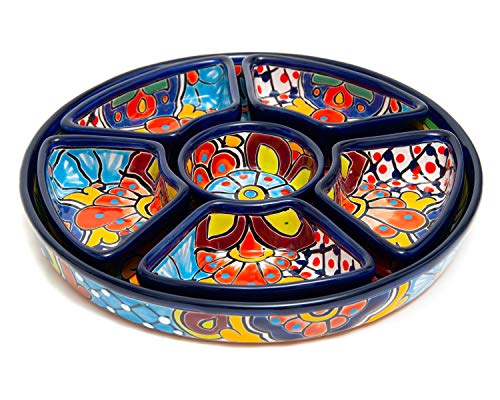 Enchanted Talavera Mexican Pottery Ceramic Large Appetizer Tray Serving Dishes Platter Dish Food Plate Condiments Organizer (Circle 7 Piece Set, Cobalt)