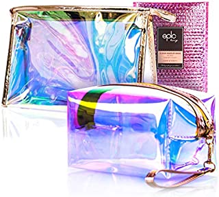 Clear Makeup Bags for Women - Set of 2 Cosmetic Zipper Pouches, Pink Holographic Pouch, Jelly Purse, Hanging Toiletry, Large Make Up Organizer, Organizers for Diaper Bag, Travel, Pencil, Girls Wristlet