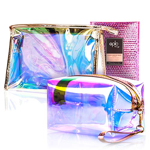 Clear Makeup Bags for Women - Set of 2 Cosmetic Zipper Pouches, Pink Holographic Pouch, Jelly Purse, Hanging Toiletry, Large Make Up Organizer, Organizers for Diaper Bag, Travel, Pencil, Girls Wristlet