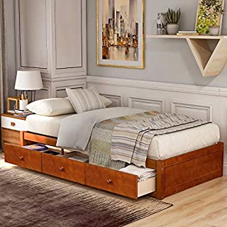 Wood Platform Bed with 3 Drawers - Twin Storage Bed Wood Slat Support, No Box Spring Needed