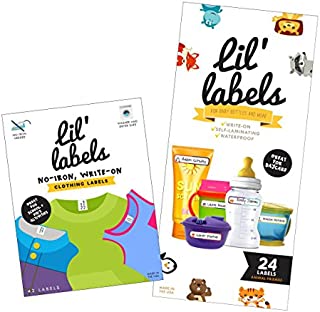 Lil' Labels Daycare Value Pack Write on Name Labels, Waterproof, Baby Bottle Labels (Animal Friends) & Clothing Labels, Plus 2 Bonus Gifts, Bright White