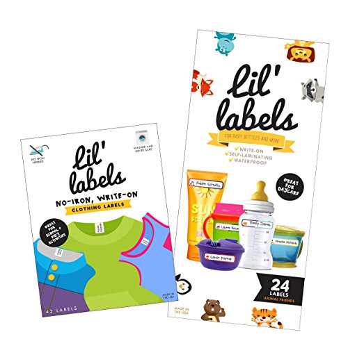 Lil' Labels Daycare Value Pack Write on Name Labels, Waterproof, Baby Bottle Labels (Animal Friends) & Clothing Labels, Plus 2 Bonus Gifts, Bright White