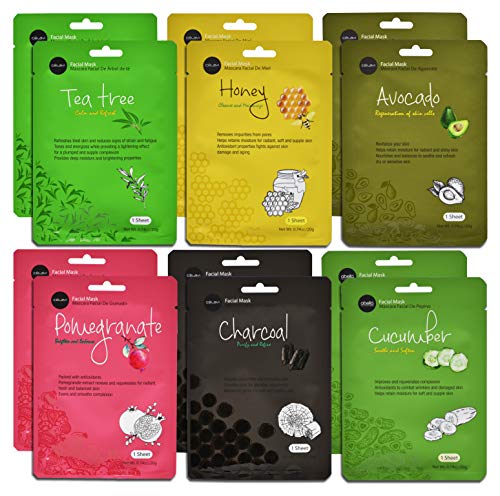 Celavi Essence Facial Face Mask Paper Sheet Korea Skin Care Moisturizing 12 Pack (Mix - 2 of Each)