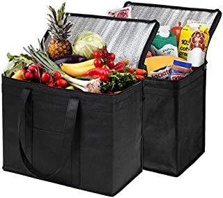 NZ Home XL Insulated Shopping Bags for Groceries or Food Delivery, Sturdy Zipper, Foldable, Washable, Heavy Duty, Stands Upright, Completely Reinforced Bottom (2 Pack, Black)