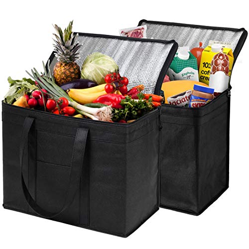 NZ Home XL Insulated Shopping Bags for Groceries or Food Delivery, Sturdy Zipper, Foldable, Washable, Heavy Duty, Stands Upright, Completely Reinforced Bottom (2 Pack, Black)