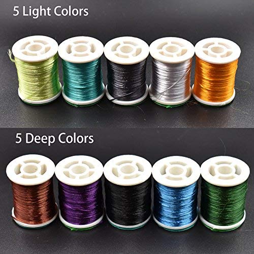 10 Colors Fly Tying Floss Thread Silk Shiny Fly Tying Materials For Nymphal & Streamer Flies (10 Spools Total (5 Light +5 Deep))