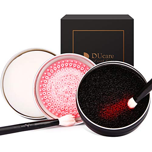 DUcare Makeup Brush Cleaner Set: Solid Soap Cleanser & Color Removal Sponge - Easy to Clean Blenders Brushes Shampoo Removes Shadow Color Cosmetic Colors for Daily Use Travel Set (2Pcs,Coconut Oil)