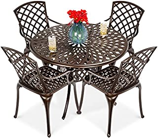 Best Choice Products 5-Piece All-Weather Outdoor Cast Aluminum Dining Set for Patio, Balcony, Lawn, Garden, Backyard w/ 4 Chairs, Umbrella Hole, Lattice Weave Design - Brown