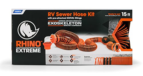 Camco RhinoEXTREME 15ft RV Sewer Hose Kit, Includes Swivel Fitting and Translucent Elbow with 4-In-1 Dump Station Fitting, Crush Resistant, Storage Caps Included - 39861