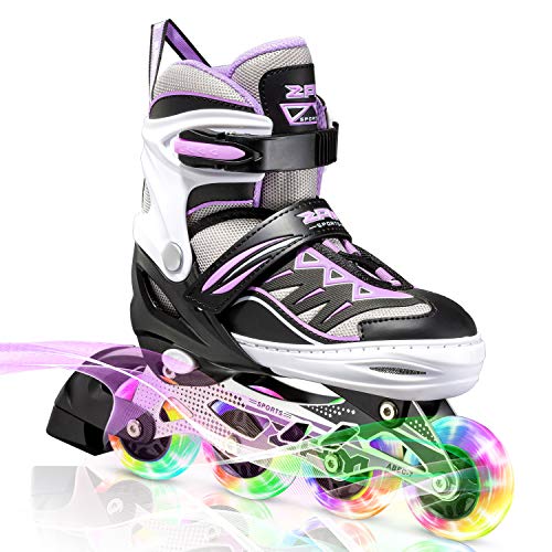 2PM SPORTS Cytia Purple Girls Adjustable Illuminating Inline Skates with Light up Wheels, Fun Flashing Rollerblades for Kids - Large (3Y-6Y US)