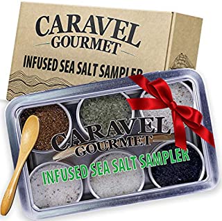 The Infused Sea Salt Sampler - 6 Reusable Tins with Bamboo Spoon - - Hawaiian Bamboo Jade, 5 Pepper, Garlic Medley, Rosemary, and Hawaiian Black Lava - 1/2 oz each (3 oz total)