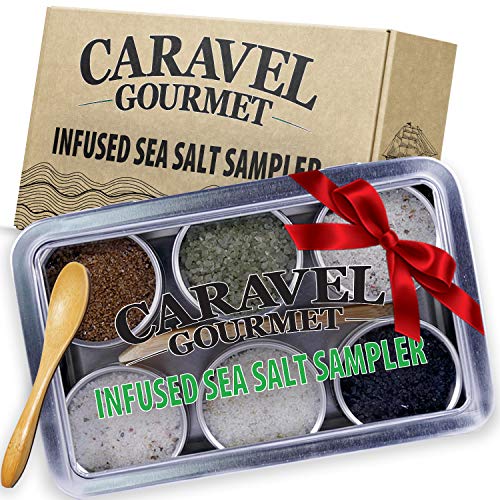 The Infused Sea Salt Sampler - 6 Reusable Tins with Bamboo Spoon - - Hawaiian Bamboo Jade, 5 Pepper, Garlic Medley, Rosemary, and Hawaiian Black Lava - 1/2 oz each (3 oz total)