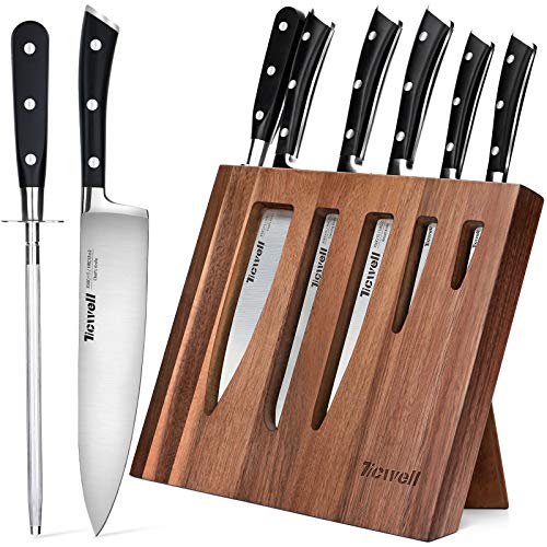 TICWELL ESSENTIAL Knife Set 7 Pieces Kitchen Knife Set with Unique Wooden Block, High Carbon Anti-Rust Stainless Steel Chef Knife Set with Sharpener, Triple Rivet and Full Tang Ergonomic Design