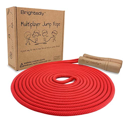 Brightedly 16 FT Long Jump Rope for Kids, Multiplayer, Adjustable | Classic Look Wooden Handle | Durable Kids Jumping Rope, Skipping Rope, Outdoor Fun, Great as a Gift, Party Game, Party Favor - Red