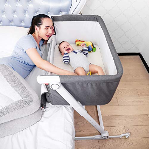 Firares Height & Incline Adjustable Baby Bedside Bassinet, Baby Bed to Bed, Easy Folding Bedside Sleeper Crib for Infant/Baby Boy/Baby Girl with Detachable Mattress, Straps, Breathable Mesh