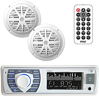 Marine Receiver & Speaker Kit - In-Dash LCD Digital Stereo Built-in Bluetooth & Microphone w/ AM FM Radio System 5.25 Waterproof Speakers (2) MP3/USB/SD Readers & Remote Control - Pyle PLMRKT36WT