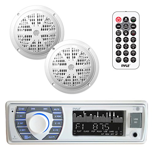 Marine Receiver & Speaker Kit - In-Dash LCD Digital Stereo Built-in Bluetooth & Microphone w/ AM FM Radio System 5.25 Waterproof Speakers (2) MP3/USB/SD Readers & Remote Control - Pyle PLMRKT36WT