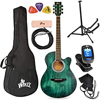 WINZZ 40 Inches Cutaway Acoustic Guitar Beginner Starter Bundle with Padded Bag, Stand, Tuner, Pickup, Strap, Picks, Dark Hunter Green