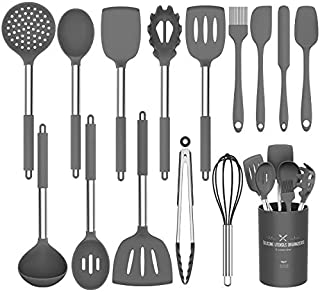 Silicone Cooking Utensil Set,Umite Chef Kitchen Utensils 15pcs Cooking Utensils Set Non-stick Heat Resistan BPA-Free Silicone Stainless Steel Handle Cooking Tools Whisk Kitchen Tools Set - Grey