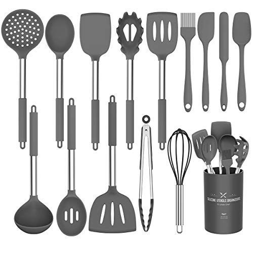 Silicone Cooking Utensil Set,Umite Chef Kitchen Utensils 15pcs Cooking Utensils Set Non-stick Heat Resistan BPA-Free Silicone Stainless Steel Handle Cooking Tools Whisk Kitchen Tools Set - Grey