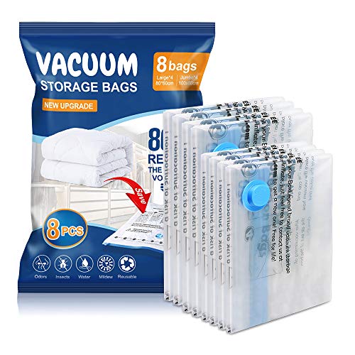 Vacuum Storage Bags 8 pack(4Jumbo, 4Large), Premium Space Saver bags for Clothes Duvets Blankets Pillows Comforters, travel storage.