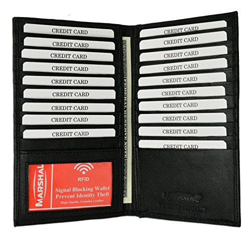 Marshal Bifold Leather RFID Blocking Wallet For Men & Women | Genuine Leather Holder With 19 Slots, 2 Bill Compartments & ID Window | For Credit/Debit Cards, Money & More (Black)