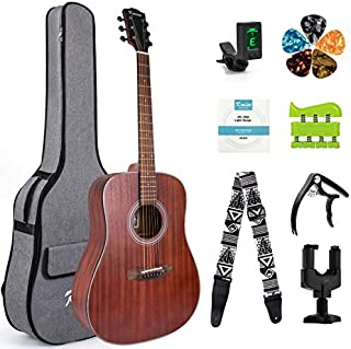 4/4 Size Acoustic Guitar Folk Guitarra for Professional 6 Metal Strings Mahogany Beginner Guitar Starter Kit with bag tuner strap capo hook hanger picks and replacement strings by Kmise(41 inch)