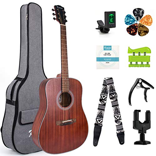 4/4 Size Acoustic Guitar Folk Guitarra for Professional 6 Metal Strings Mahogany Beginner Guitar Starter Kit with bag tuner strap capo hook hanger picks and replacement strings by Kmise(41 inch)