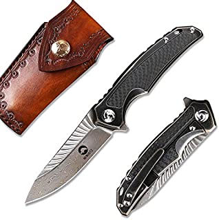 NEWOOTZ Damascus Folding Pocket Knife with Clip and Leather Sheath,Handmade Japanese VG10 Steel 3.5in Blade,Frame Lock Titanium Carbon Fiber Handle,EDC Outdoor Knives for Men