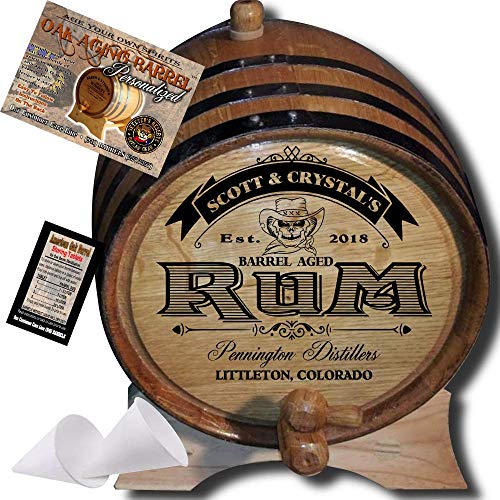 Personalized American Oak Rum Aging Barrel (100) - Custom Engraved Barrel From Skeeter's Reserve Outlaw Gear - MADE BY American Oak Barrel - (Natural Oak, Black Hoops, 2 Liter)