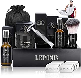 Shaving Kit for Men, Include Safety Razor, Sandalwood Shaving Cream, Mens aftershave, Pre Shave Oil, Shaving Brush, Shaving Apron Bib & Carrying Pouch-Shaving Gifts Set for Men Dad Him (Black)