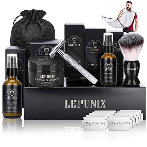 Shaving Kit for Men, Include Safety Razor, Sandalwood Shaving Cream, Mens aftershave, Pre Shave Oil, Shaving Brush, Shaving Apron Bib & Carrying Pouch-Shaving Gifts Set for Men Dad Him (Black)