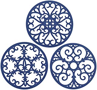 Non Slip Silicone Carved Trivet Mats Set For Dishes- Heat Resistant Coasters-Modern Kitchen Hot Pads For Pots & Pans | (Round, Set of 3, Navy Blue)