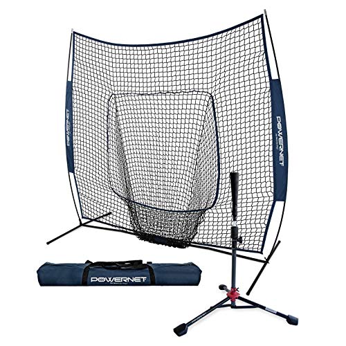 PowerNet Baseball Softball Practice Net 7x7 with Deluxe Tee (Navy) | Practice Hitting, Pitching, Batting, Fielding | Portable, Backstop, Training Aid, Lg Mouth, Bow Frame | Training Equipment Bundle