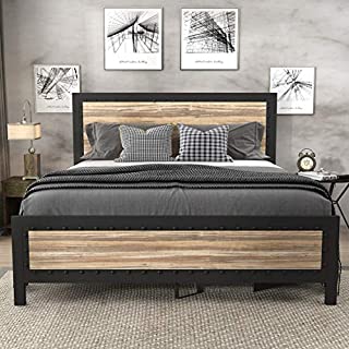 SHA CERLIN Heavy Duty Metal Bed Frame Queen Size / Wooden Headboard Footboard with Rivet / 13 Strong Steel Slats Support / No Box Spring Needed / Mattress Foundation / Easy Assembly