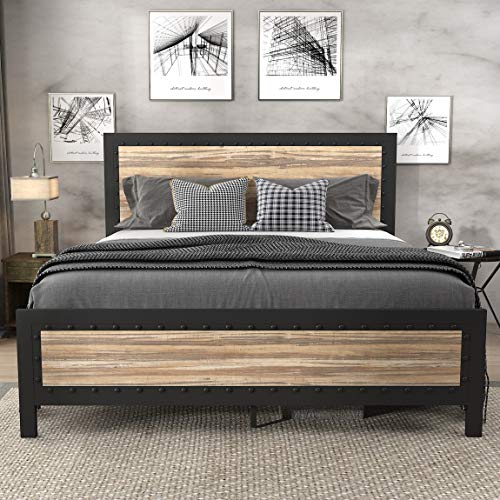 SHA CERLIN Heavy Duty Metal Bed Frame Queen Size / Wooden Headboard Footboard with Rivet / 13 Strong Steel Slats Support / No Box Spring Needed / Mattress Foundation / Easy Assembly