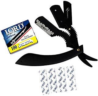 Ruvanti Professional Barber Straight Razor, Stainless Steel Straight Edge Mens Razors with Pack of 100 Premium Blades, Salon Quality Cut Barber Razor with Safety, for Mens Shave (Jet Black)