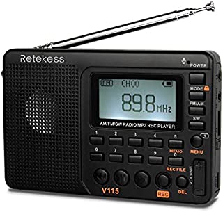 Retekess V115 Shortwave Radio, AM FM Radio Digital Tuner, Rechargeable Radio Support Recording, Portable MP3 Radio with Bass and TF Socket (Black)