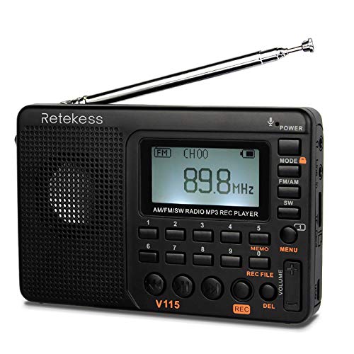 Retekess V115 Shortwave Radio, AM FM Radio Digital Tuner, Rechargeable Radio Support Recording, Portable MP3 Radio with Bass and TF Socket (Black)