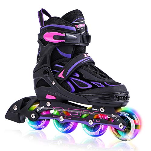 2pm Sports Vinal Girls Adjustable Inline Skates with Light up Wheels Beginner Skates Fun Illuminating Roller Skates for Kids Boys and Ladies - Violet Medium(1Y-4Y US)