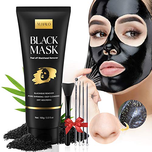 Blackhead Remover Mask Kit, Charcoal Face Mask, Peel Off Face Nose Mask with Face Mask Brush Pimple Extractors, Deep Cleansing Pore Blackhead Acne Removal Black Mask for All Skin Types (3.5 Fl.oz)