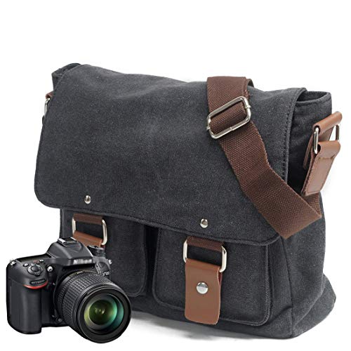 Peacechaos Men's Canvas Camera Bag Leather DSLR SLR Camera Case Vintage Camera Messenger Bag Shoulder Bag Sling Bag (Dark Grey)