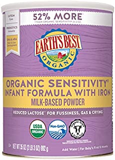 Earth's Best Organic Low Lactose Sensitivity Infant Formula with Iron, Milk-Based Powder, 35oz.