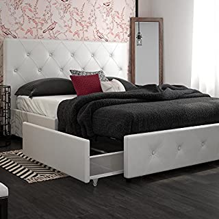 DHP Dakota Upholstered Faux Leather Platform Bed with Storage Drawers - Queen Size (White)